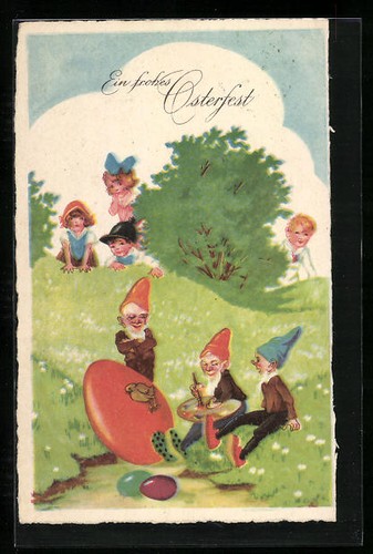 Cartolina nani dipingono uovo